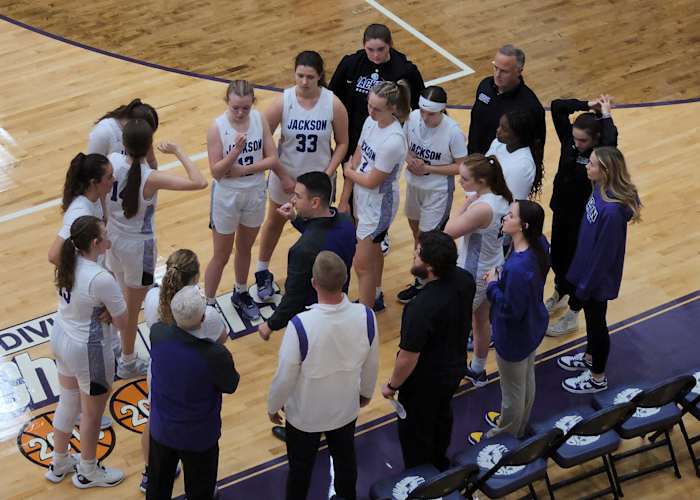 Jackson head coach Anthony Butch talks to his team during a win over Lake on December 16, 2023. Photo credit: Ryan Isley, SBLive Sports